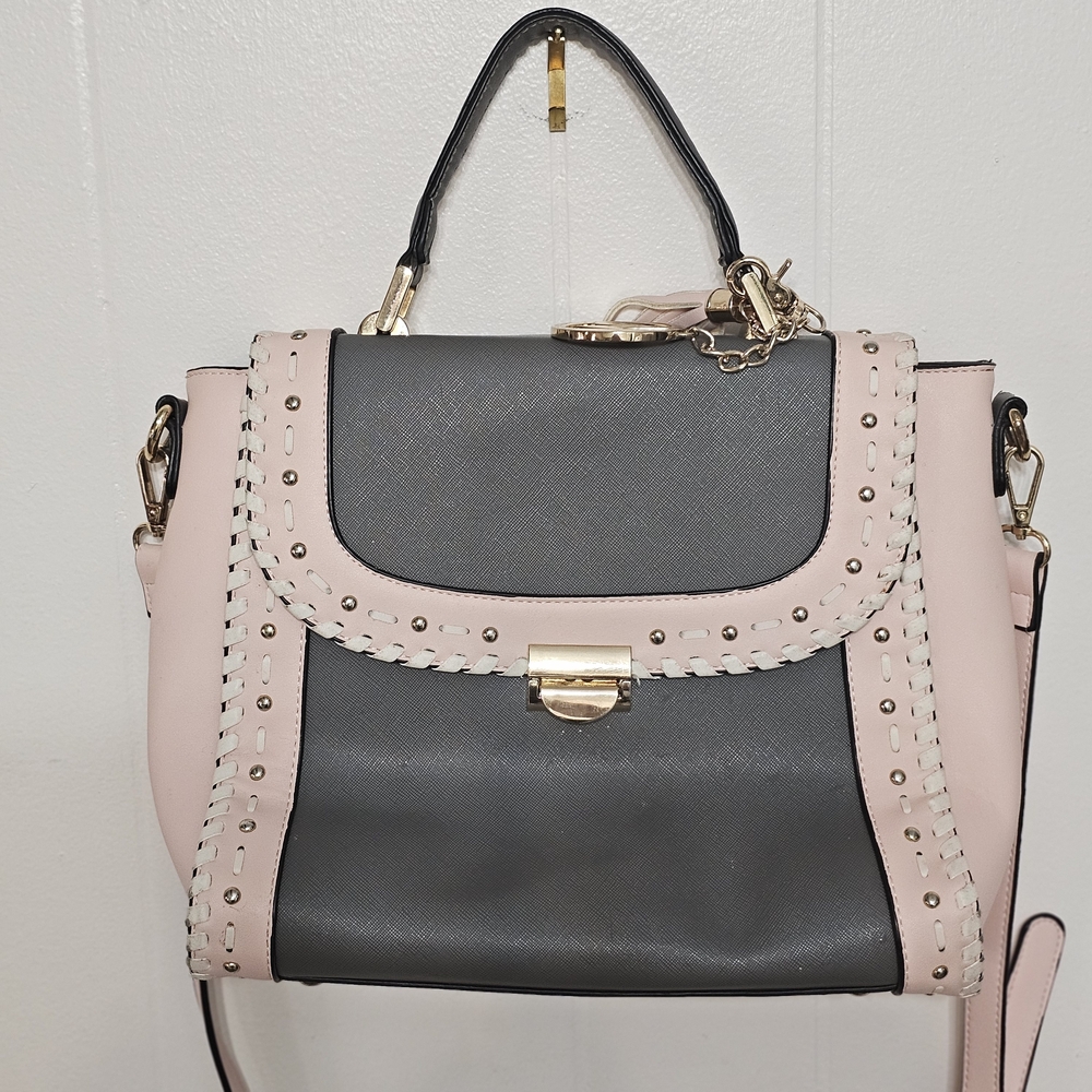 MIA K. Colorblock Satchel Crossbody Bag Gray Blush Pink Whipstitch Studded Tote